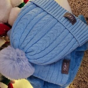 UGG Light Blue Cable Knit Beanie with Pom-Pom Fur Inside Hat And Scaf
